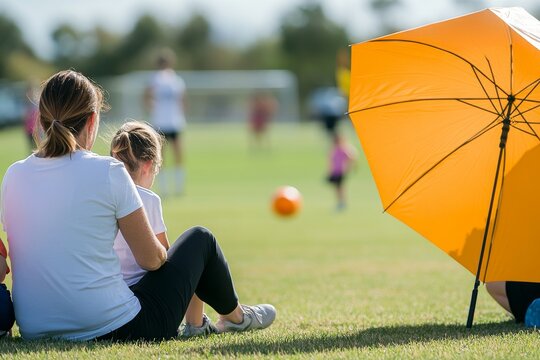 A mom watches her son play football in a school tournament on a sunny day. A concept for sport, outdoor activity, lifestyle, happy family, and soccer mom and soccer dad.