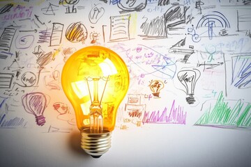 Bright light bulb shining against a backdrop of artistic sketches and doodles on paper, symbolizing innovative business ideas, concepts, and graphs for creative inspiration and visual communication.