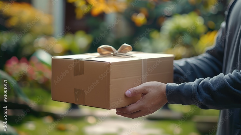 Poster Close up of hands handing a cardboard box to a delivery man at the front door, copy space for text and a blurry background with blurred nature trees in the garden at home. Generative AI.