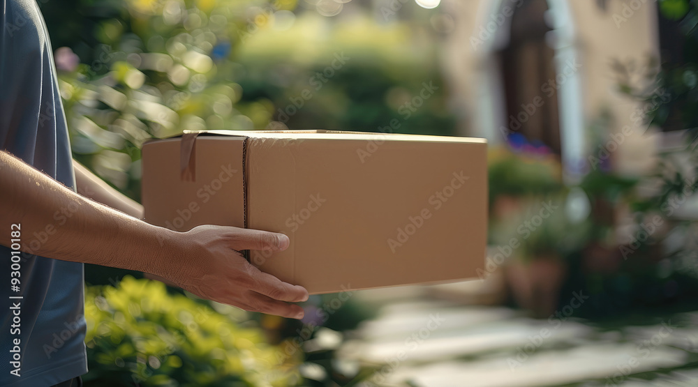 Poster Close up of hands handing a cardboard box to a delivery man at the front door, copy space for text and a blurry background with blurred nature trees in the garden at home. Generative AI.