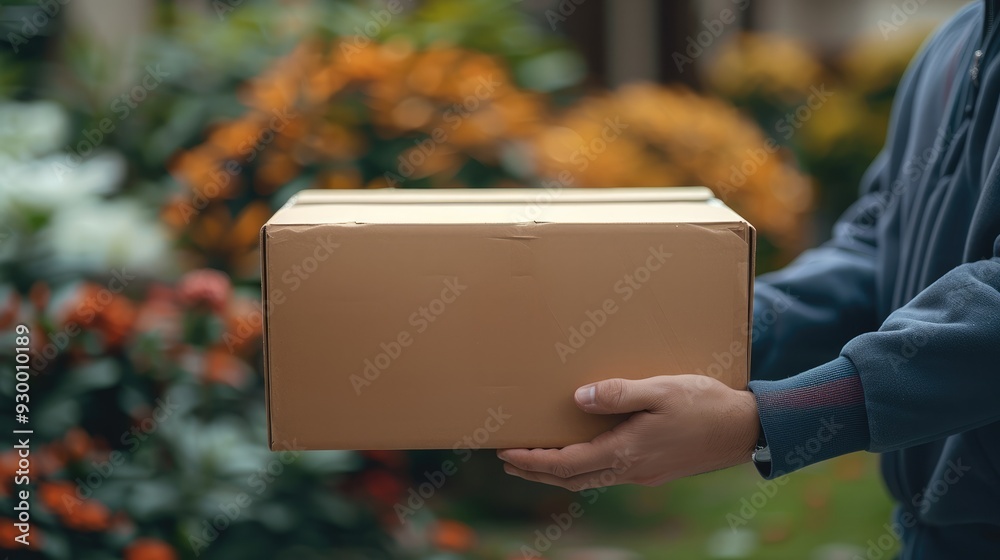 Poster Close up of hands handing a cardboard box to a delivery man at the front door, copy space for text and a blurry background with blurred nature trees in the garden at home. Generative AI.