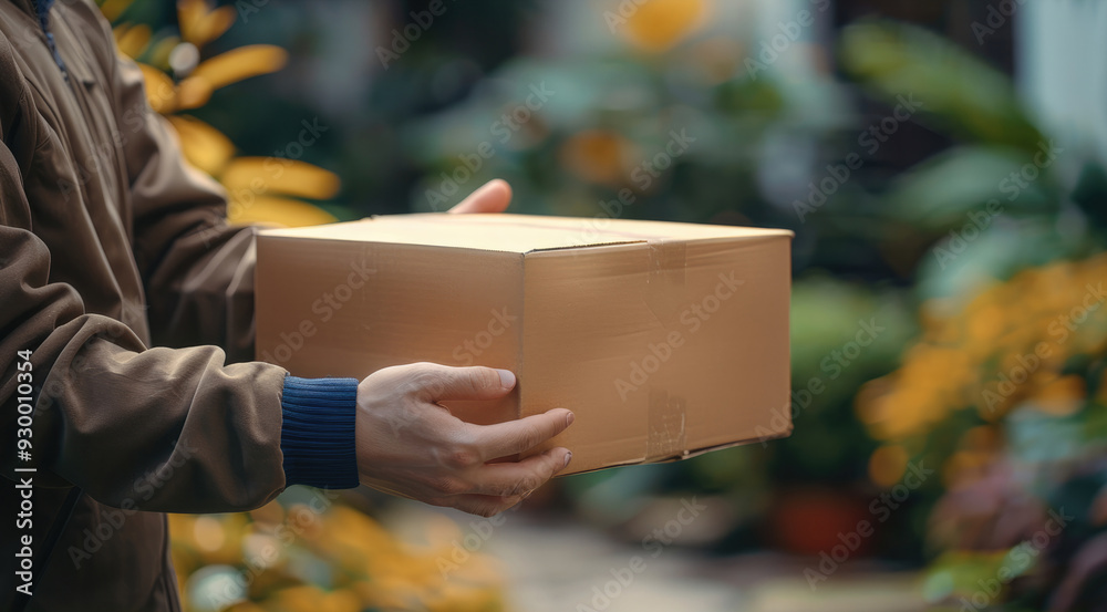 Poster Close up of hands handing a cardboard box to a delivery man at the front door, copy space for text and a blurry background with blurred nature trees in the garden at home. Generative AI.