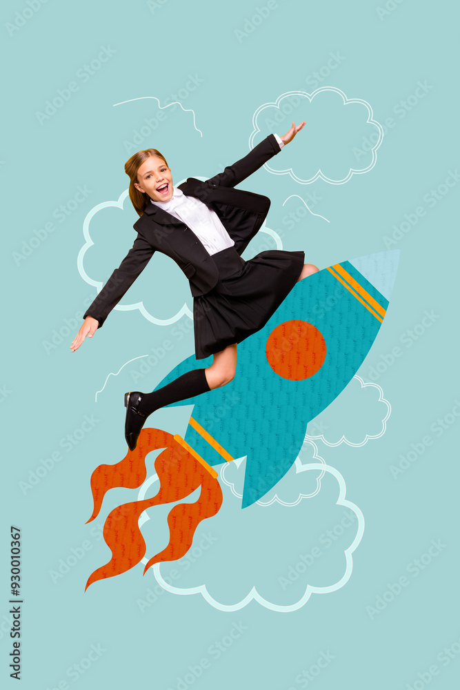 Sticker Vertical photo collage of happy blonde schoolgirl ride rocket fly up education study concept pupil isolated on painted background