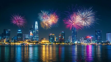 Fototapeta premium Vibrant fireworks display over a cityscape with a river reflecting the city lights and fireworks.