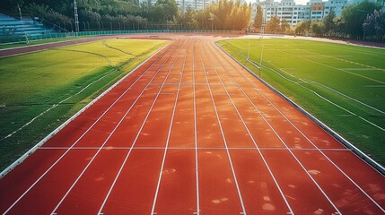 A red running track with white lines, surrounded by green grass and the stands of an outdoor sports stadium. taken from an elevated position. Generative AI.