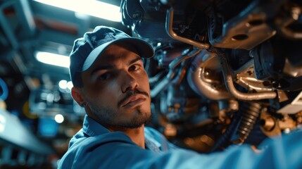 photograph of Car mechanic worker wearing a blue uniform and a cap, standing under the car in a modern garage room, and repairing or fixing automobile vehicle parts. Technician service and maintenance