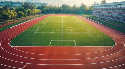 Gordijnen A red running track with white lines, surrounded by green grass and the stands of an outdoor sports stadium. taken from an elevated position. Generative AI. © visoot