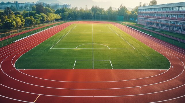 A red running track with white lines, surrounded by green grass and the stands of an outdoor sports stadium. taken from an elevated position. Generative AI.