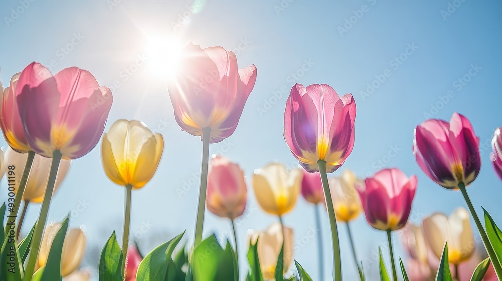 Canvas Prints A sunny spring meadow with vibrant tulips sets the scene for a natural Easter backdrop