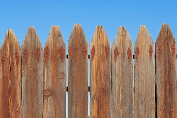 Typical medieval fence with sharp upper ends. Palisade. Enemies on the other side.