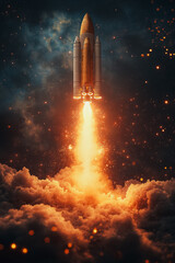 A rocket is flying through the sky with a bright orange flame trailing it. Concept of excitement and adventure, as if the rocket is embarking on a journey to explore the unknown