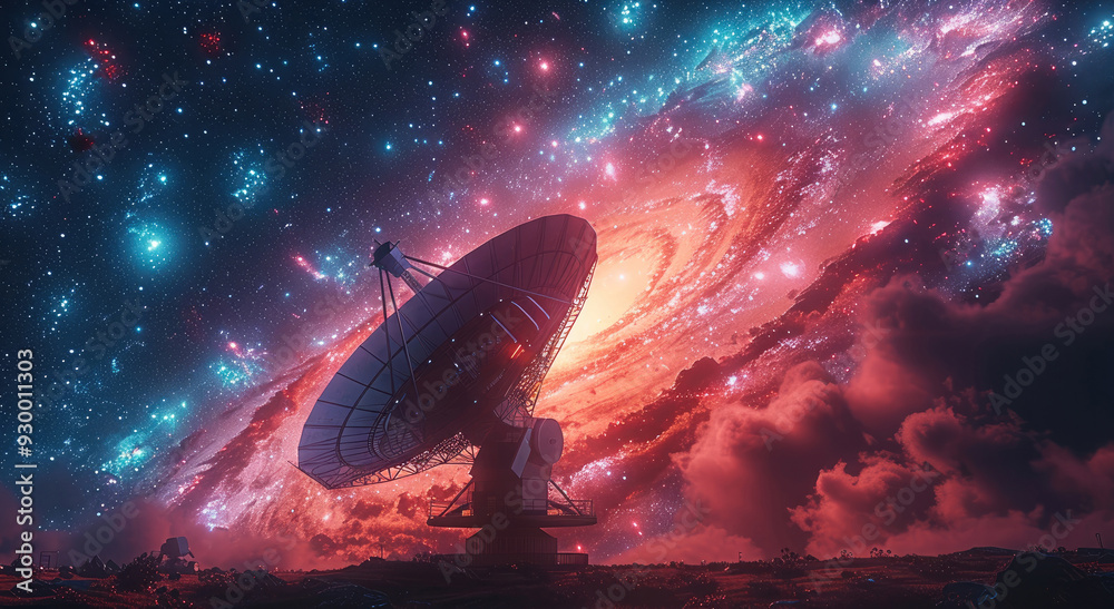 Poster an advanced satellite dish in deep space, highlighted by vibrant pink and blue lights, towering agai