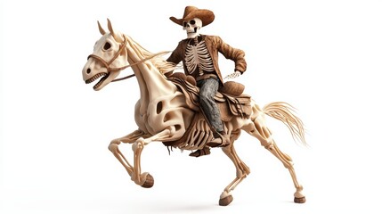 Obraz premium A ghostly cowboy riding a skeletal horse, Halloween Wild West scene, 3D illustration, isolated on white background
