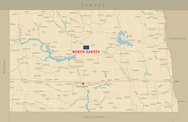Road map of North Dakota US American federal state. Editable highly detailed transportation map of North Dakota with highways and interstate roads, rivers and cities vector illustration