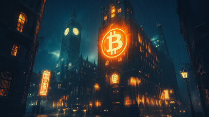 A city street with a large clock tower and a building with a large B on it. The street is lit up with neon lights and it is raining