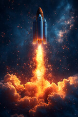 A rocket is flying through the sky with a trail of fire behind it. Concept of excitement and adventure, as if the rocket is embarking on a journey to explore the unknown