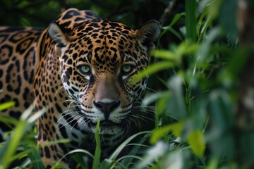 Fototapeta premium Jaguar prowling through lush green vegetation in the jungle