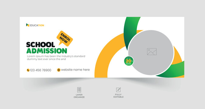 School admission facebook cover design, back-to-school social media banner, online education banner ads template.