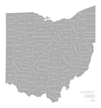 Gray map of Ohio, federal state of USA. Silhouette of Ohio abstract outline editable map with borders and flag of federal state realistic vector illustration