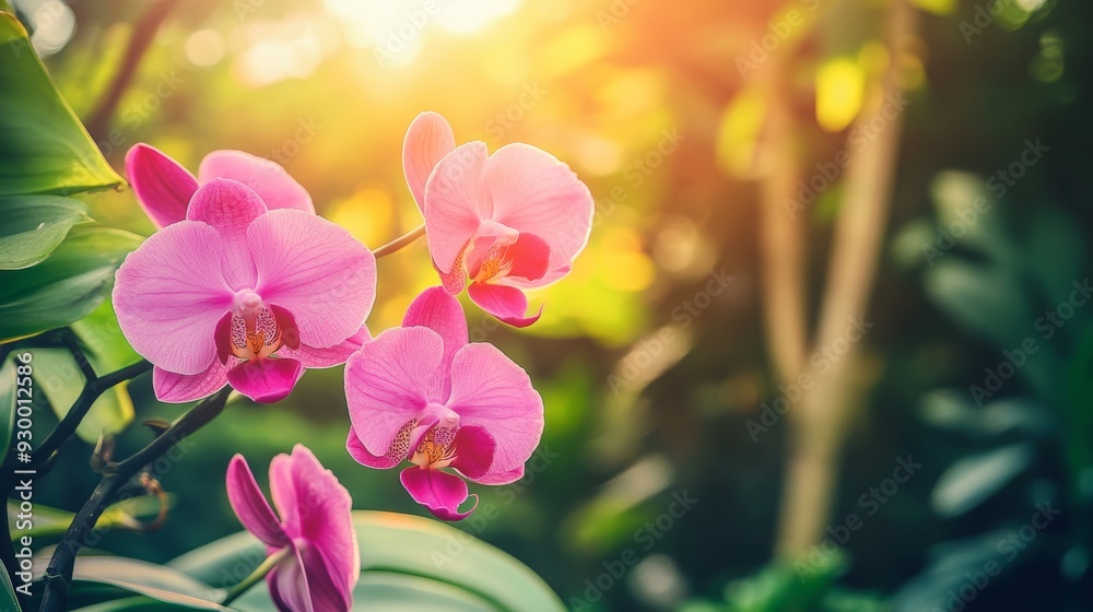 Sticker In a winter or spring garden with selective focus and copy space, a pink orchid Phalaenopsis bouquet is seen with selective focus and copy space.