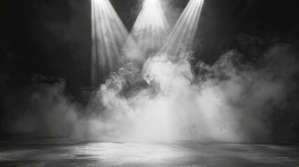 White smoke billowing across a stage with a spotlight shining in the background, creating a dramatic atmosphere for theater productions, concerts, and special events