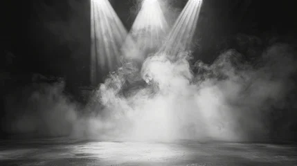Fotobehang White smoke billowing across a stage with a spotlight shining in the background, creating a dramatic atmosphere for theater productions, concerts, and special events © touseef