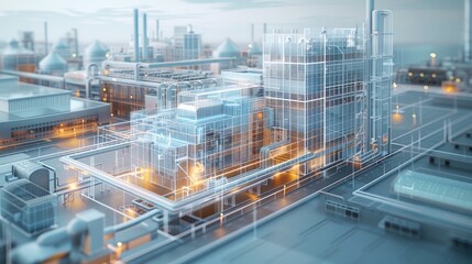 An aerial view of a digital twin of a tech factory, semi transparent that can view the interior of the factory. Generative AI.