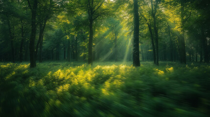 Obraz premium A forest with trees and grass. The sun is shining through the trees, creating a peaceful and serene atmosphere