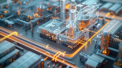 An aerial view of a digital twin of a tech factory, semi transparent that can view the interior of the factory. Generative AI.