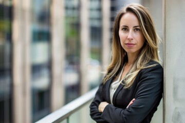 Businesswoman standing on balcony with arms crossed in the city