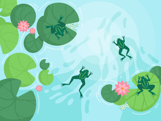 Frog in pond background. Cartoon frogs lake or swamp toad nature water faune, amphibian animals wildlife aquatic landscape, comic froglet sitting on lily swanky vector illustration