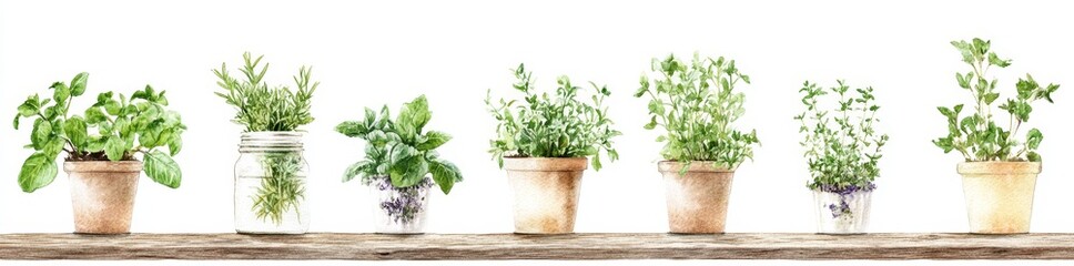 Fototapeta premium Children's picture book illustration of a kitchen scene with herbs on a wooden table in sketch and watercolor style