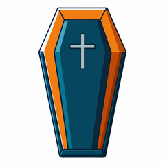Obraz premium Creepy Coffin Cartoon with Cross, Dark and Orange Colors, Halloween Icon, Isolated