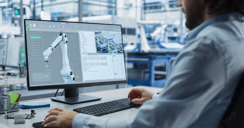 Fototapete System Administrator Working on a Desktop Computer at Modern Manufacturing Plant. Software Developer Programming the Work of the Robotic Arms, Monitoring Production on the Assembly Conveyor