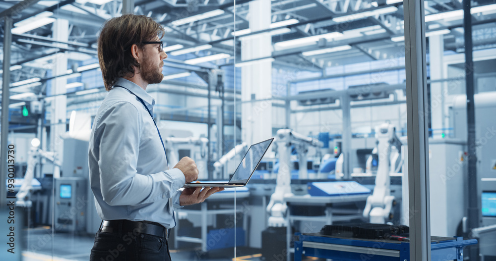 Poster Factory Manager Working on Laptop at a Futuristic Industrial Manufacture with Autonomous Support Robots. Specialist Monitoring Technical Data on a Computer, Analyzing Reports and Planning Updates