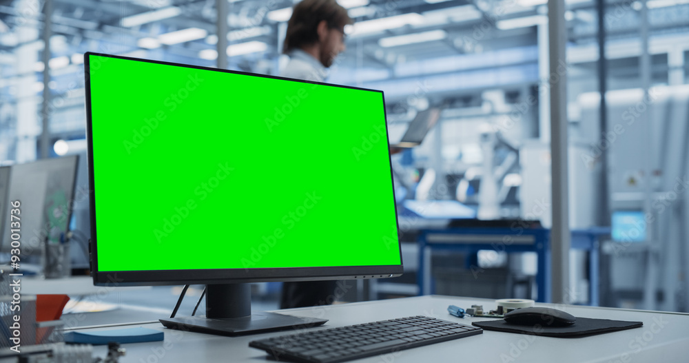 Poster Modern Industrial Manufacture with Desktop Computer with Green Screen Mock Up Display. Scientific Lab, Engineering Research Center with High-Tech Equipment, Technology for Robot Development