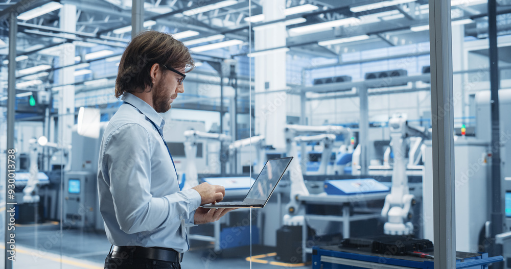 Poster Factory Manager Working on Laptop at Futuristic Industrial Manufacture with Autonomous Support Robots. Specialist Monitoring Technical Data on a Computer, Analyzing Reports and Planning Updates