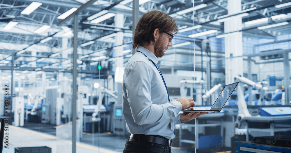 Poster Experienced Male Engineer Standing in Office, Using Laptop Computer and Overlooking Production at Modern Automated Electronics Assembly Line with AI Support. Factory Executive at Work