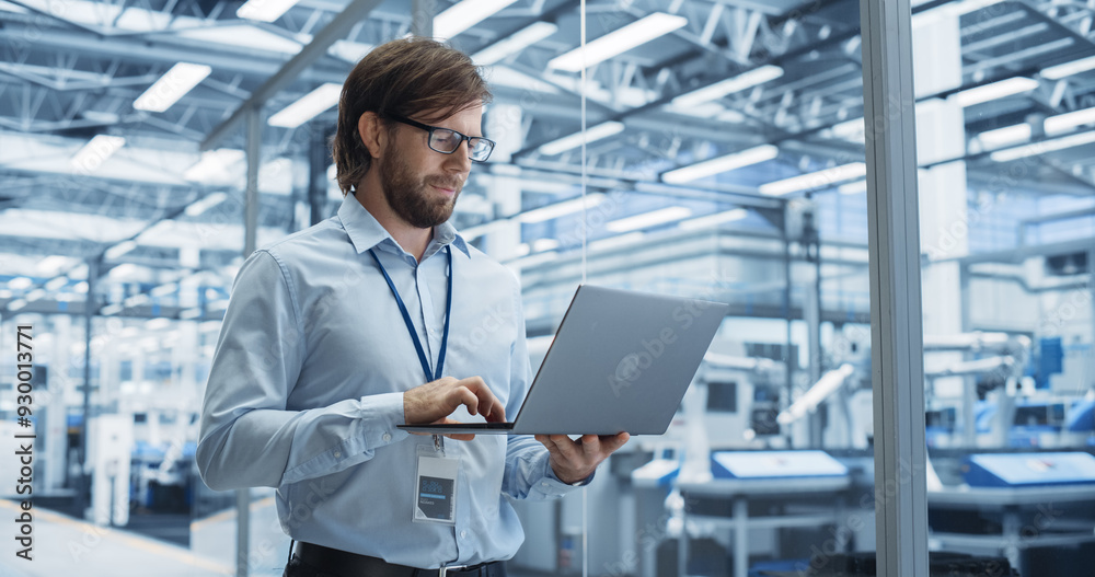 Poster Portrait of a Handsome Engineer with Glasses Using Laptop Computer and Looking Around a Factory Facility with Equipment Producing Modern Electronic Components for Different Industries