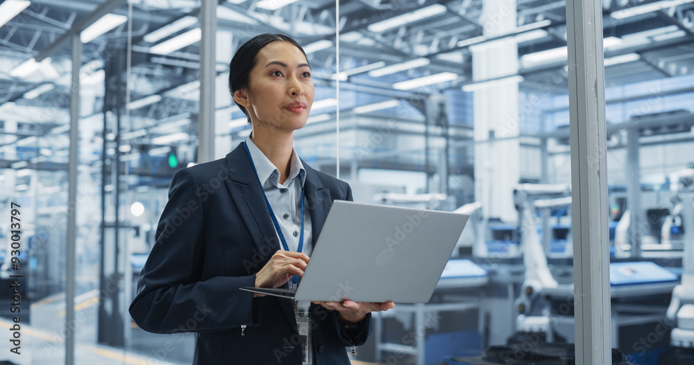 Fototapete Thoughtful Asian Engineer Monitoring and Analyzing Conditions at a Pristine Modern Electronics Factory with Automated Robot Hands Working with Help of Artificial Intelligence Software