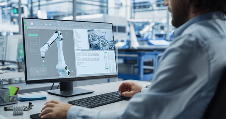 System Administrator Working on a Desktop Computer at Modern Manufacturing Plant. Software Developer Programming the Work of the Robotic Arms, Monitoring Production on the Assembly Conveyor
