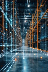 A futuristic warehouse with digital interfaces