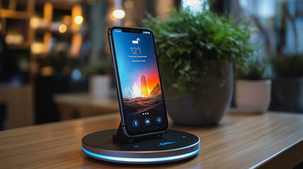 A phone is sitting on a table with a plant next to it. 