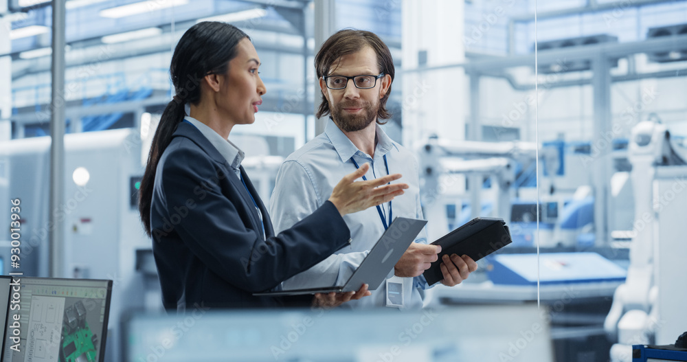 Leinwandbilder industrial engineers working at a technology factory. caucasian man and asian female using laptop an