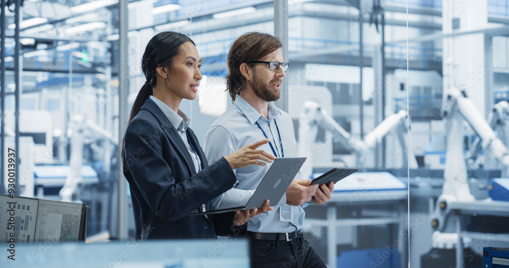 Poster Factory Managers Using Computer Devices at a Modern Manufacture with Autonomous Robot Hands. Female and Male Specialists Monitoring Technical Data, Analyzing Reports and Planning Updates