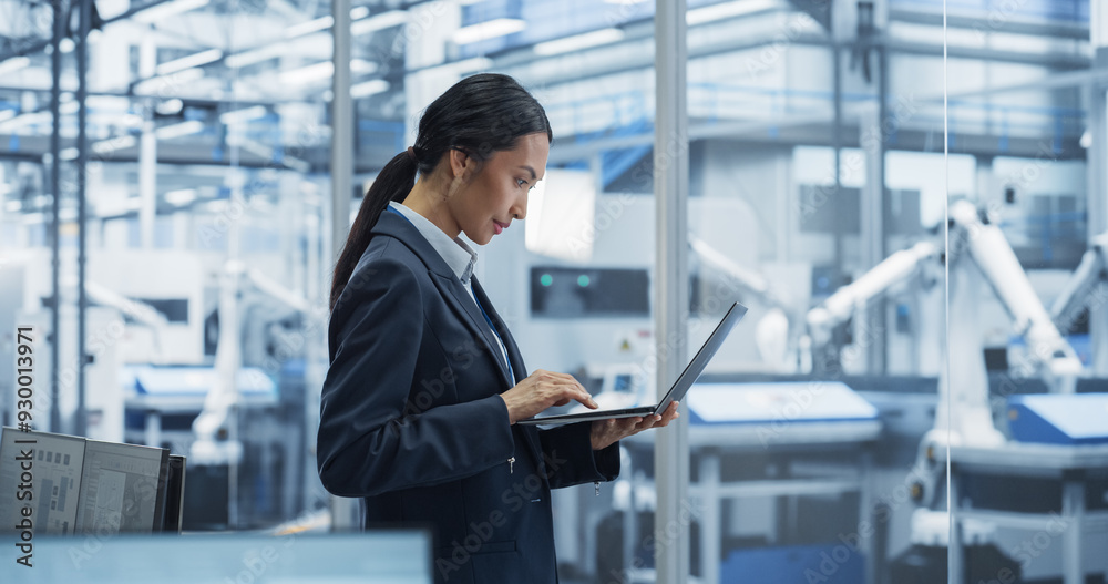 Aufkleber Production Line Technician Working on a Laptop Computer at a Factory Office. Asian Female Software Specialist Updating Code for Machine Production and Assembly with Automated Robotic Arms