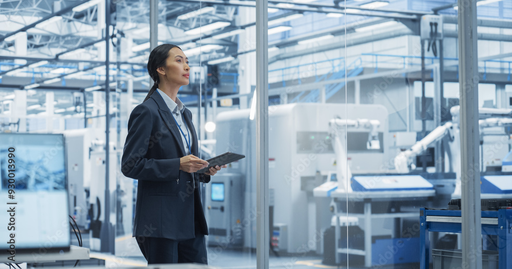 Poster Thoughtful Asian Engineer Walking with a Tablet Computer, Monitoring Conditions at an Automated Electronics Assembly Line with Robot Hands Working with the Help of Artificial Intelligence Software