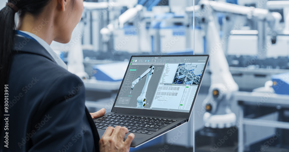 Poster Manufacturing Robot Arms Administrator Programming Robotic Vision Systems to Execute Production at an Electronics Factory. Over the Shoulder Footage of a Female Supervising Assembly with a Computer