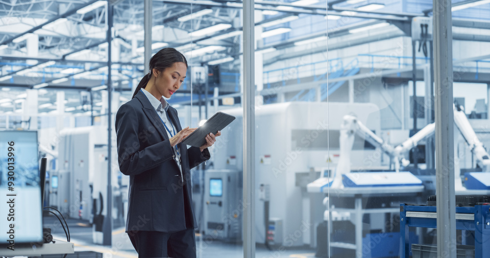 Poster Thoughtful Asian Engineer Walking with Tablet Computer, Monitoring Conditions at an Automated Electronics Assembly Line with Robot Hands Working with the Help of Artificial Intelligence Software
