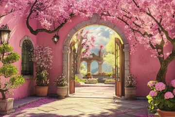 Obraz premium Illustration of a magical old gate with ivy and flowers leading to an enchanting garden in 3D